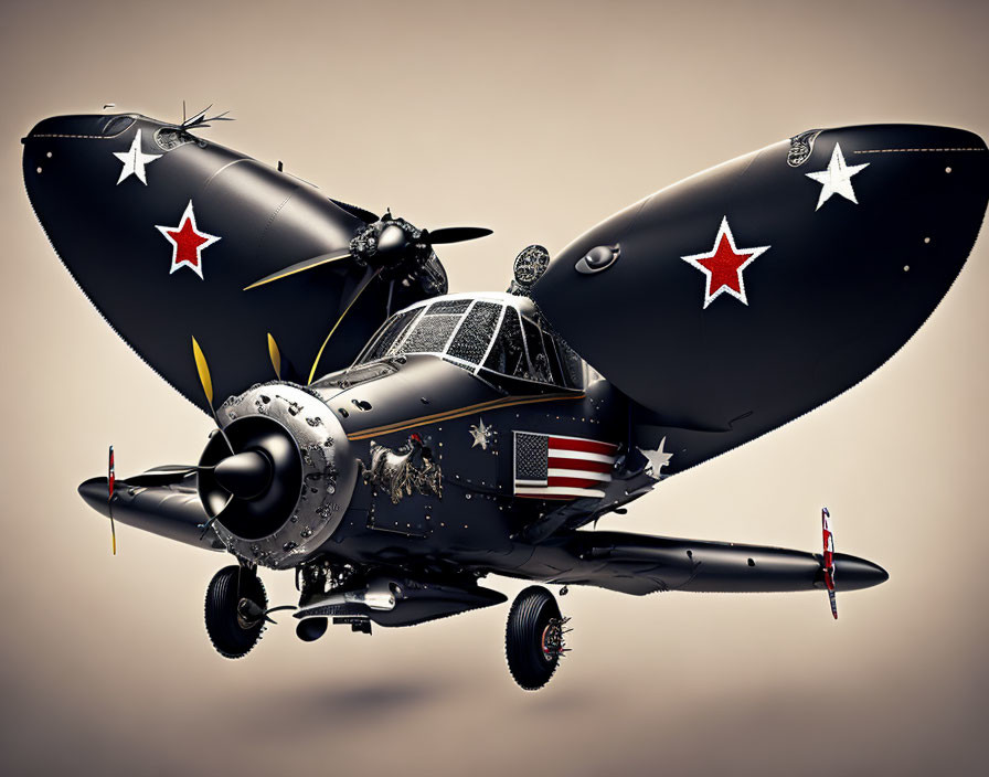 Vintage Twin-Engine Military Airplane with US Insignia and Stars on Neutral Background