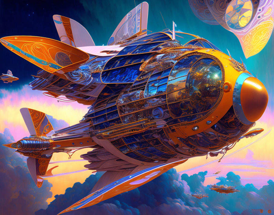 Ornate futuristic airship in dreamy sky with swirling clouds