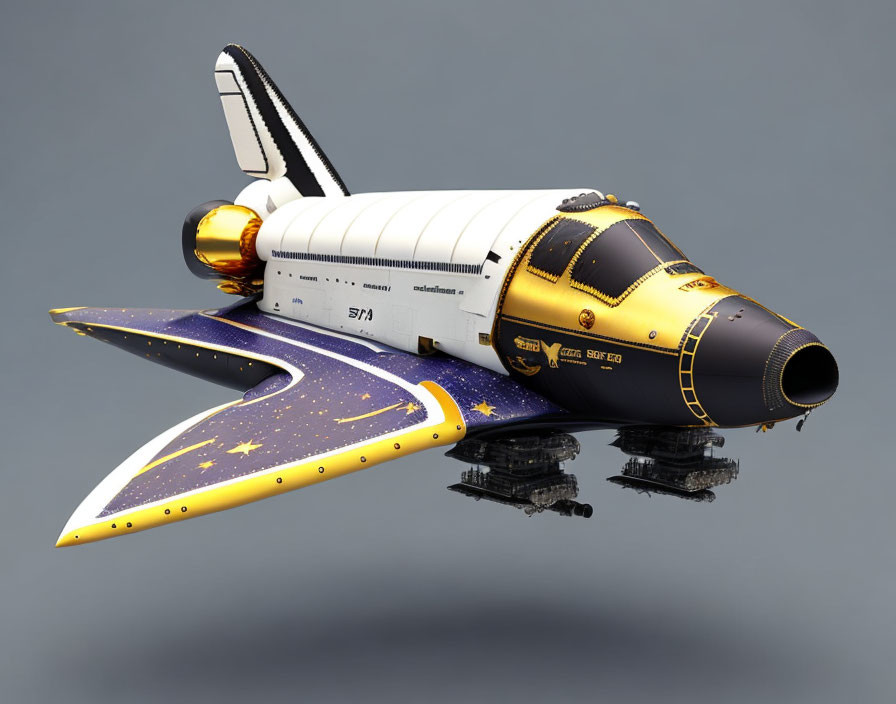 Detailed black and gold space shuttle illustration with star motifs and "United States" text.