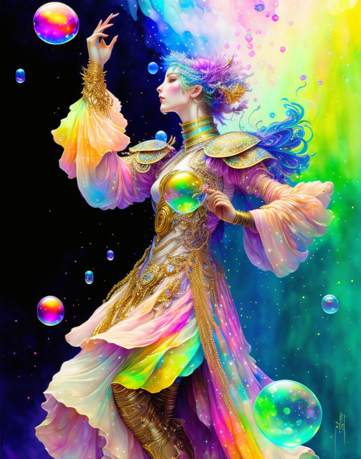 Colorful whimsical figure in flowing dress reaching for floating bubble on starry backdrop