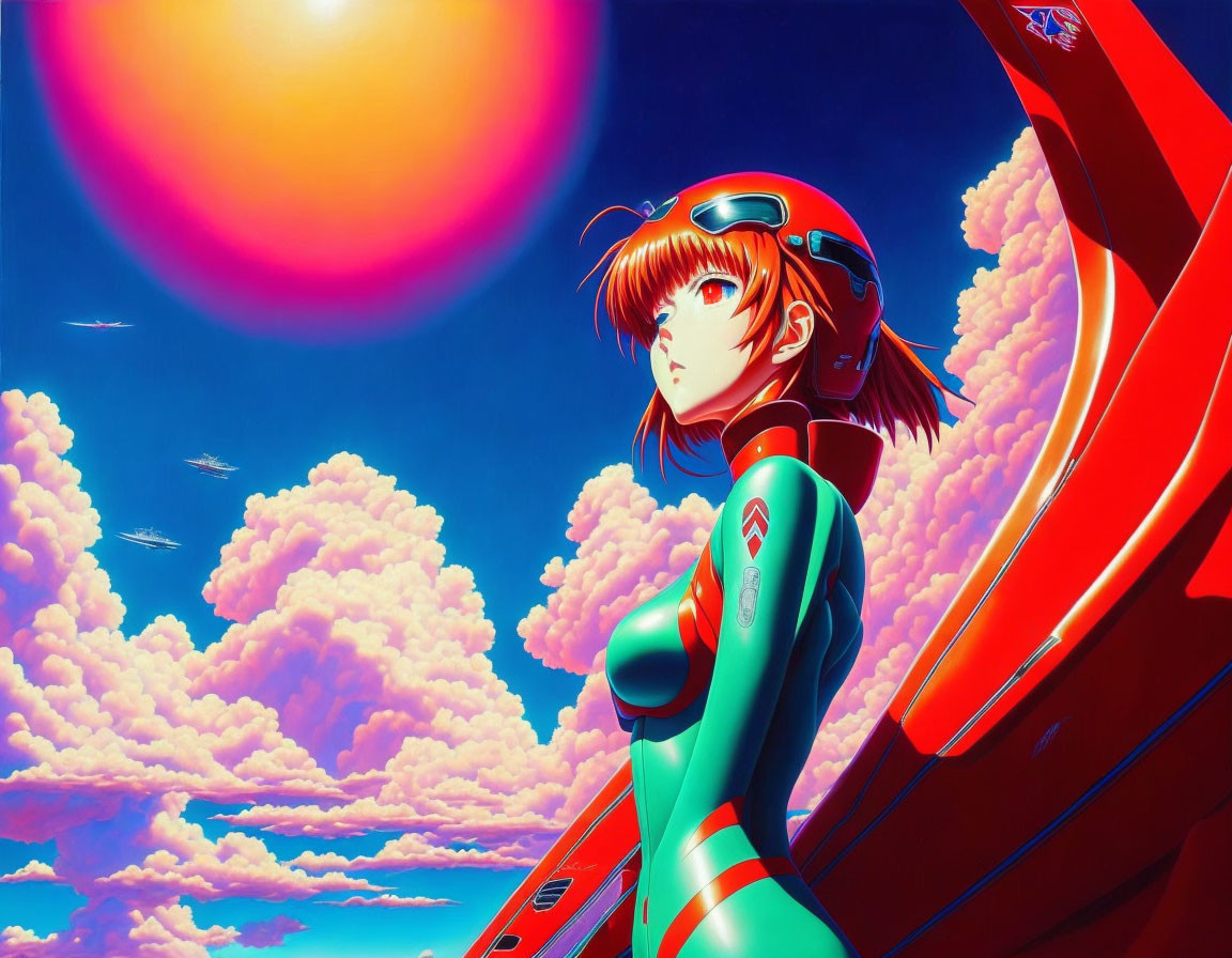 Stylized animated character with red hair and futuristic suit next to mech and pink orb in vibrant sky