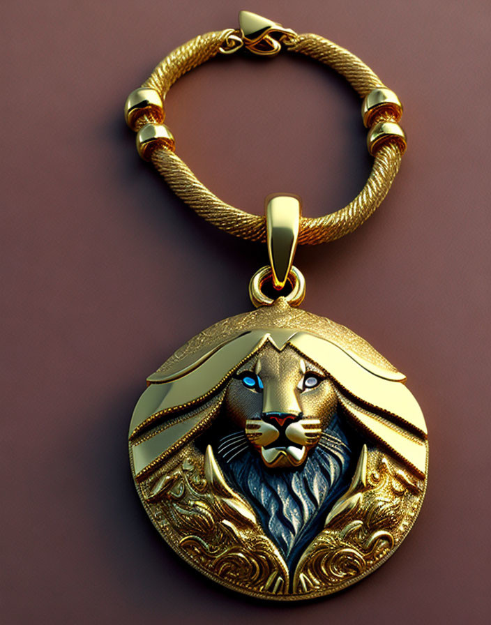 Luxurious Lion Head Golden Pendant on Thick Woven Gold Bracelet