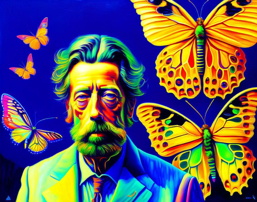 Colorful portrait of a bearded man with butterflies on blue backdrop