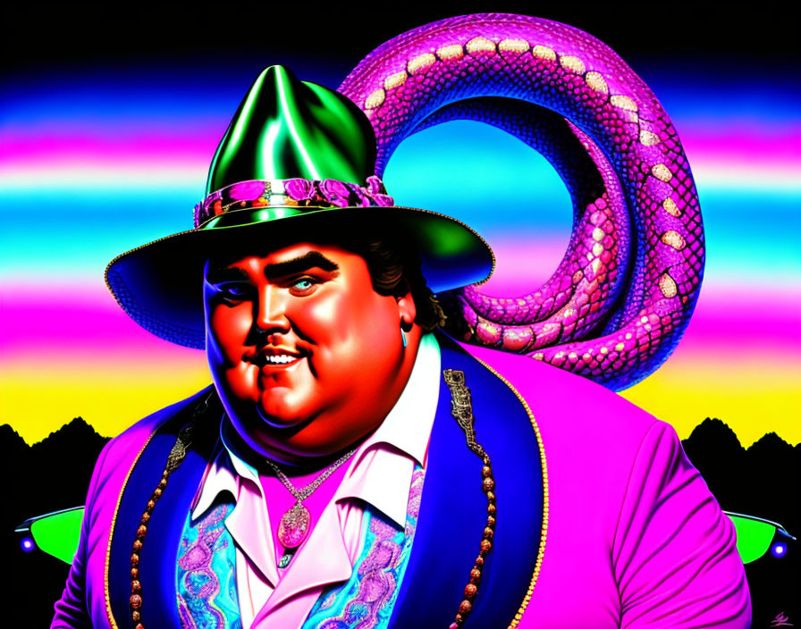 Colorful Illustration: Smiling Man with Green Hat and Purple Tentacle Creature