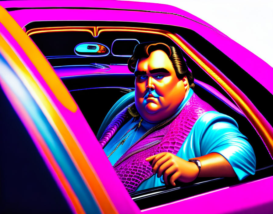 Colorful digital artwork of a stylized man in neon-lit car.