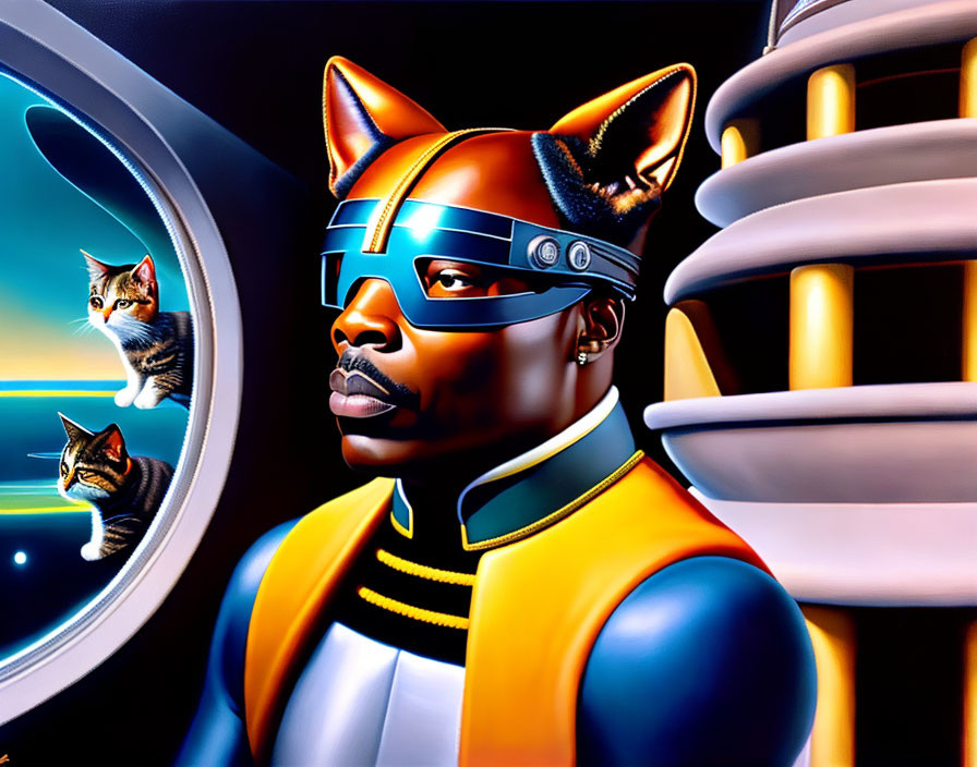 Stylized portrait of person with cat-like features and futuristic visor, with cats in space backdrop