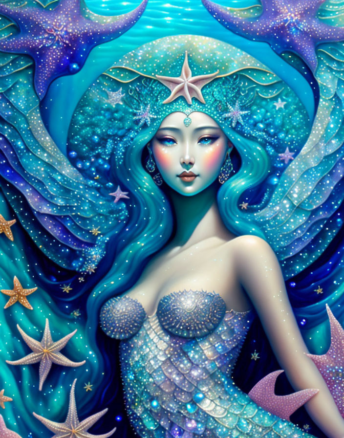 Vibrant mythical mermaid illustration with undersea elements