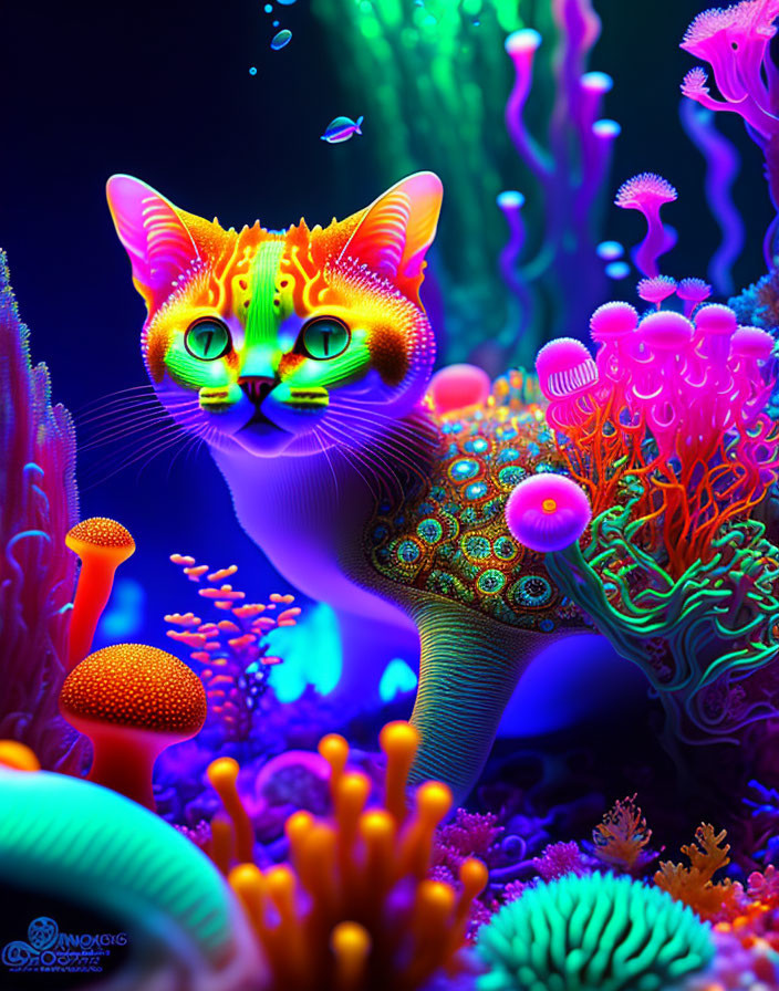 Colorful digital artwork featuring cat in neon underwater scene