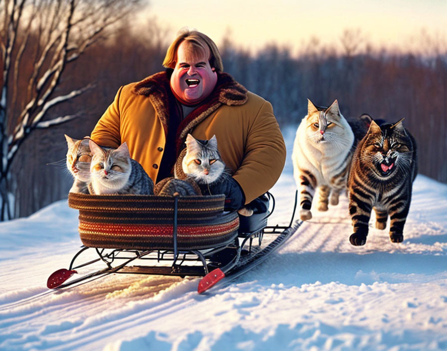 Person smiling on sled pulled by four large cats in snowy sunset scene