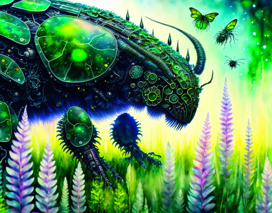 Vibrant mechanical bug illustration in fantasy flora with transparent wings