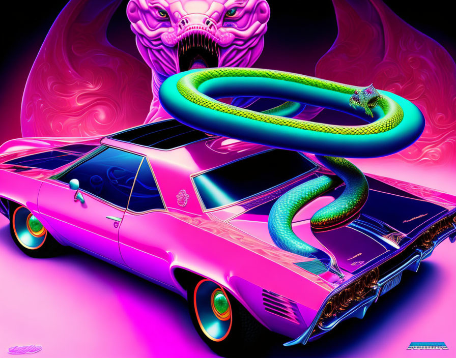 Colorful Artwork: Purple Classic Car, Green Snake, Neon Pink Background, Bat-like Creature