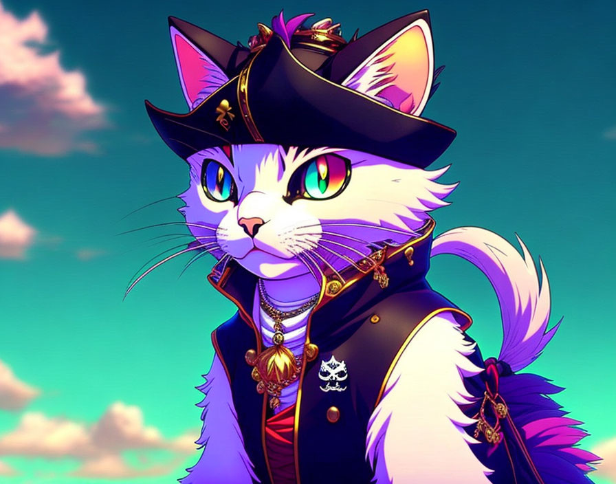 White Cat in Military Jacket and Cap on Cloudy Sky Background