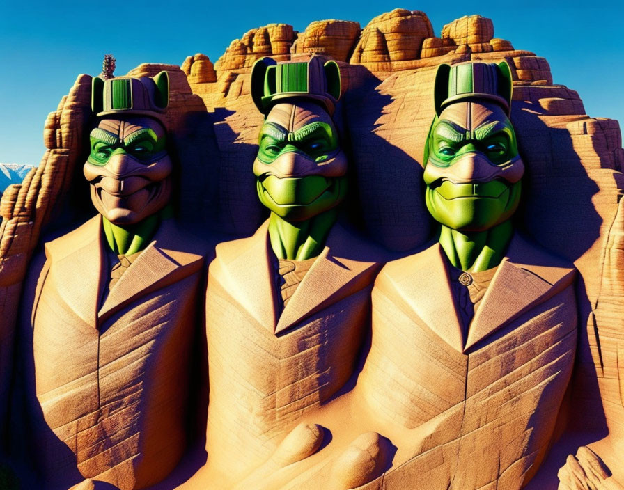 Stylized statues of human-reptile figures in suits on rocky cliff with blue sky.