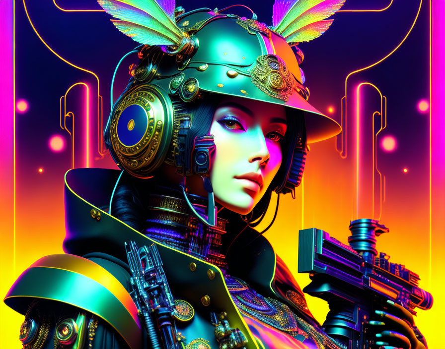 Futuristic female cyborg with steampunk headgear in neon-lit setting