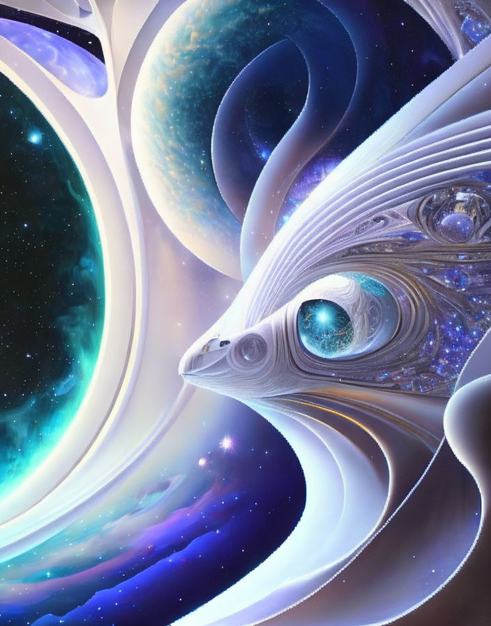 Abstract cosmic scene with swirling celestial bodies and structures in blues, purples, and whites