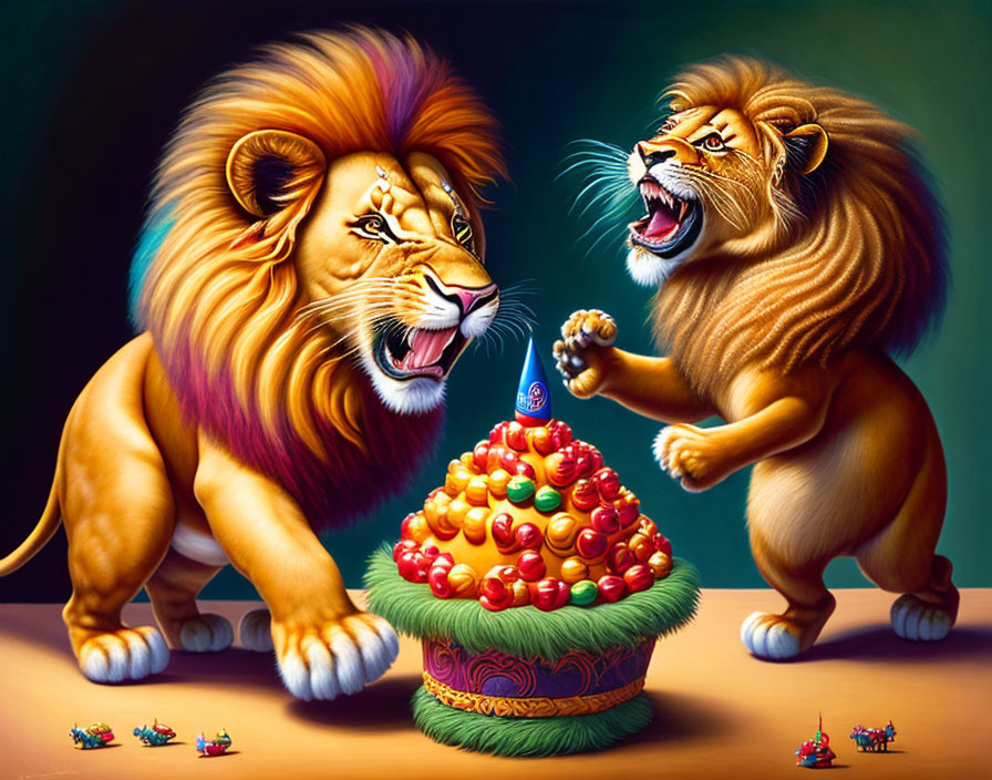 Cartoonish lions roar at colorful Easter egg pyramid.