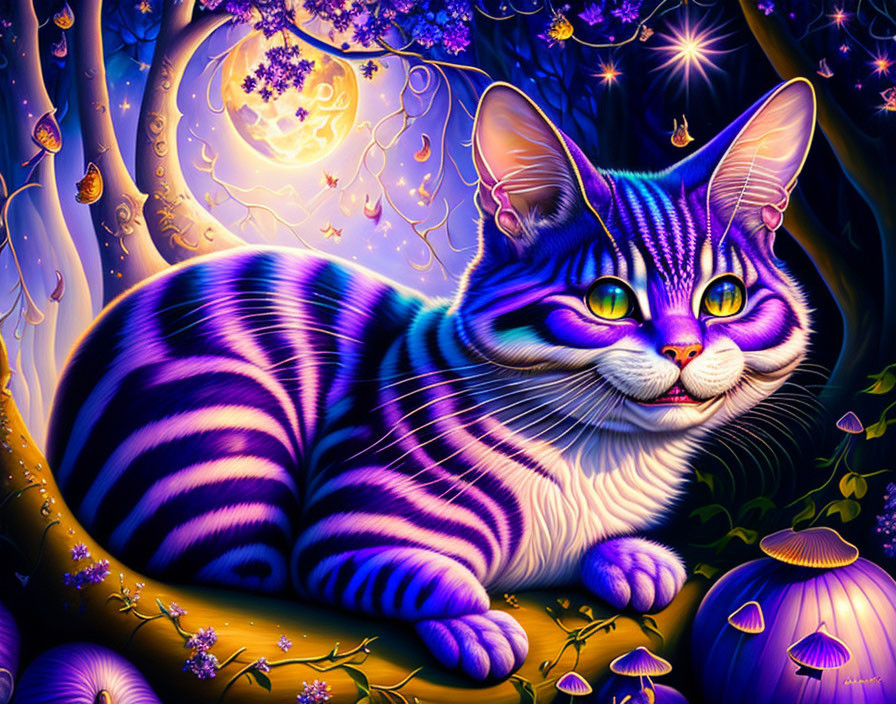 Fantasy illustration of glowing striped cat in magical forest