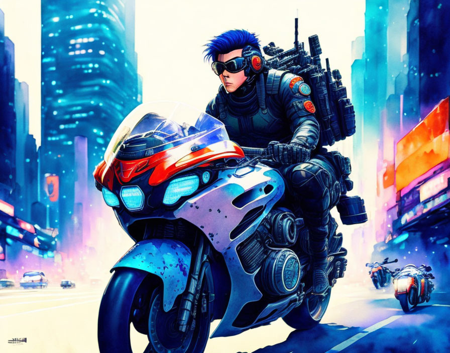 Futuristic biker on heavy motorcycle in neon-lit cityscape