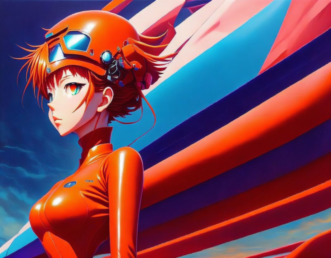 Anime-style Female Character in Red Helmet and Bodysuit with Green Eyes Standing Confidently Against St