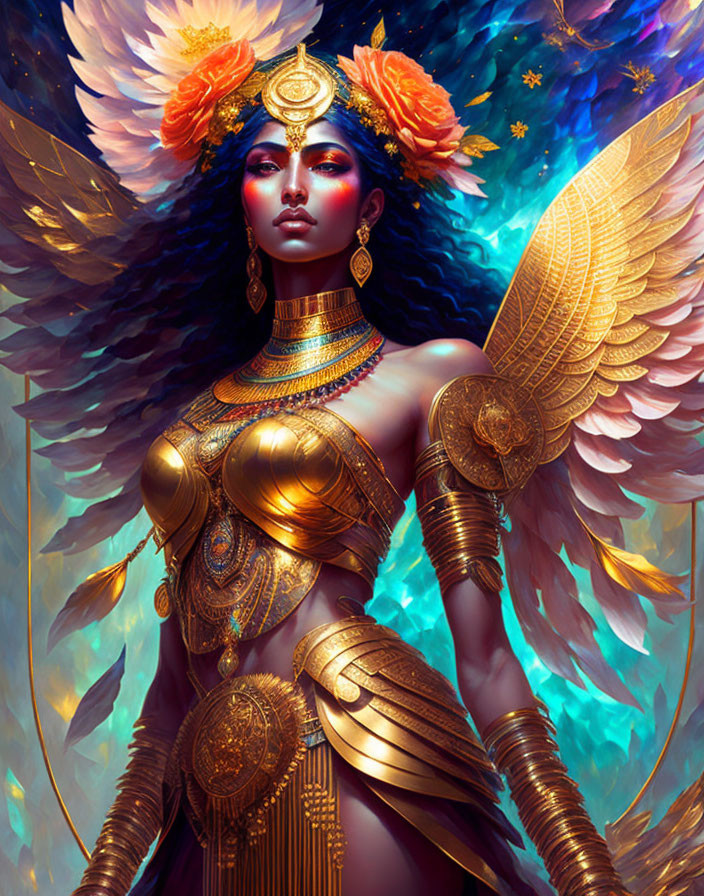 Majestic winged warrior in golden armor against cosmic backdrop