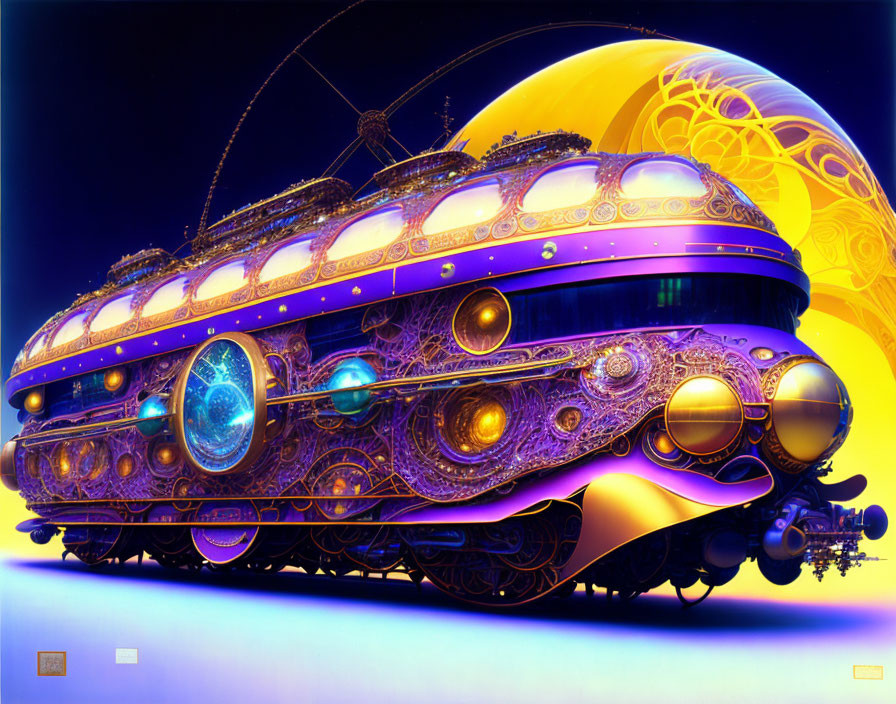 Futuristic ornate train under yellow moon in purple sky