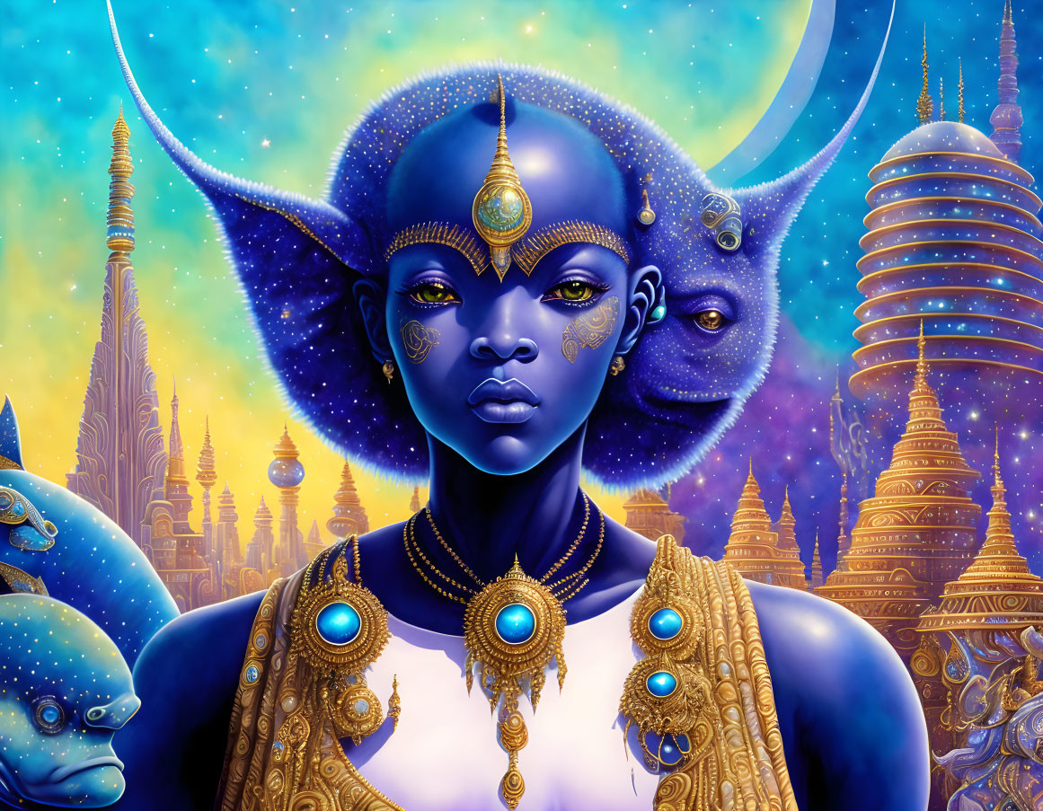 Blue-skinned female fantasy portrait with gold adornments and mystical cityscape