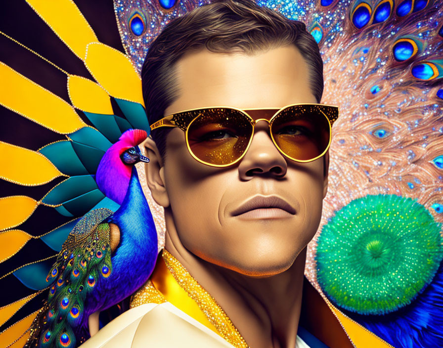 Man in sunglasses with peacock and vibrant feathers background