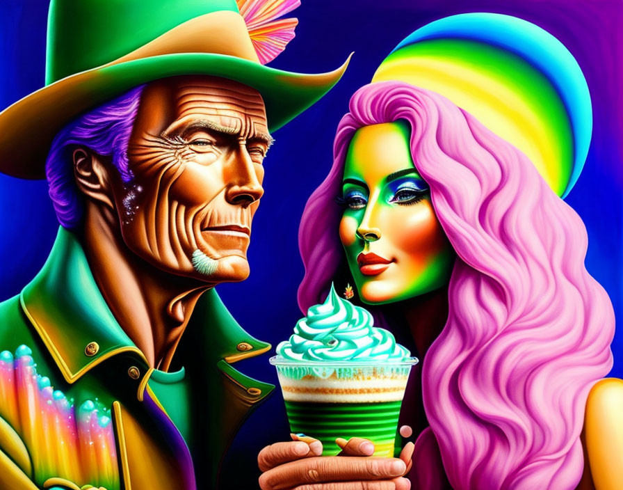 Colorful Cowboy and Woman Artwork with Exaggerated Features