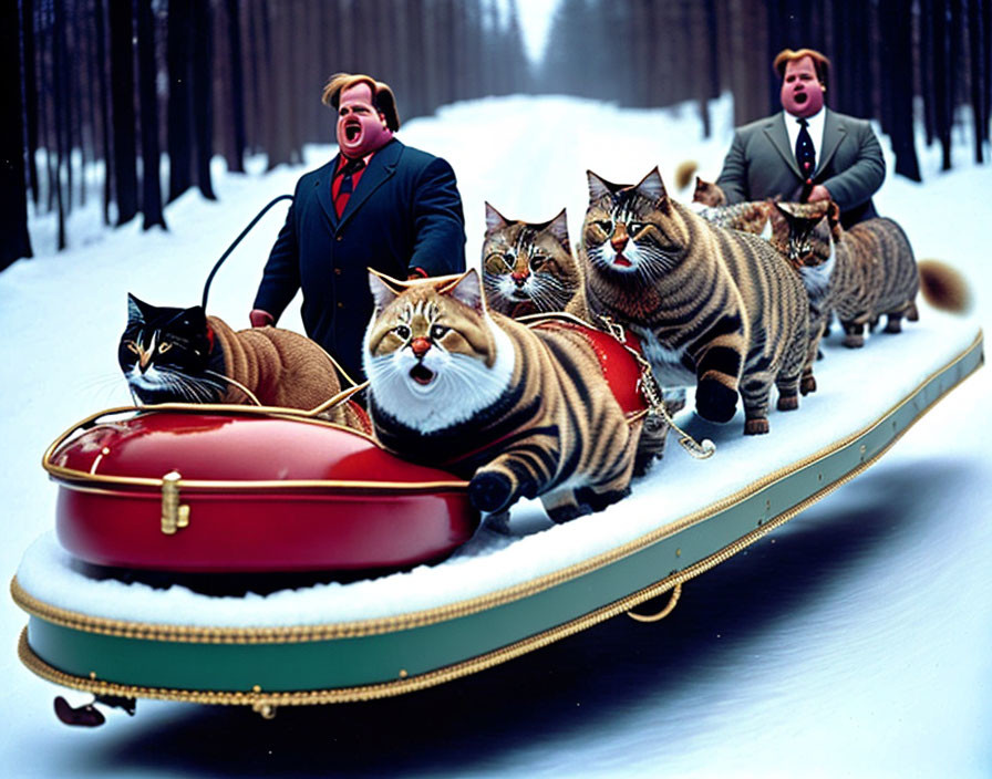 Enormous felines pulling red sled with tiny figures in snowy woods