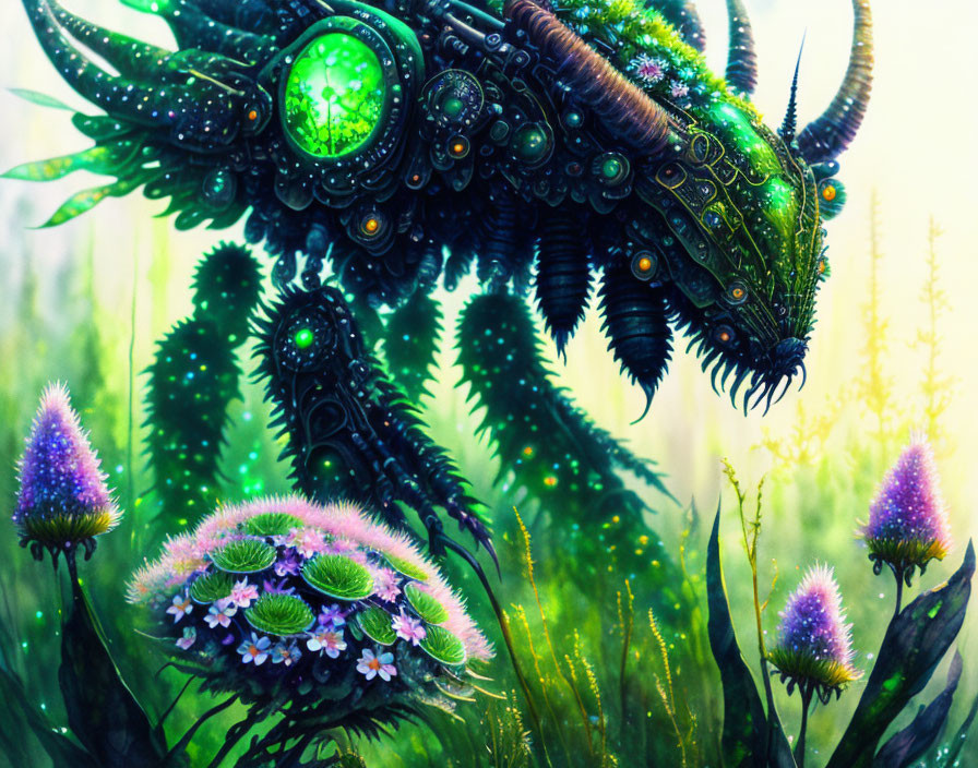 Colorful mechanical creature in lush greenery with glowing parts