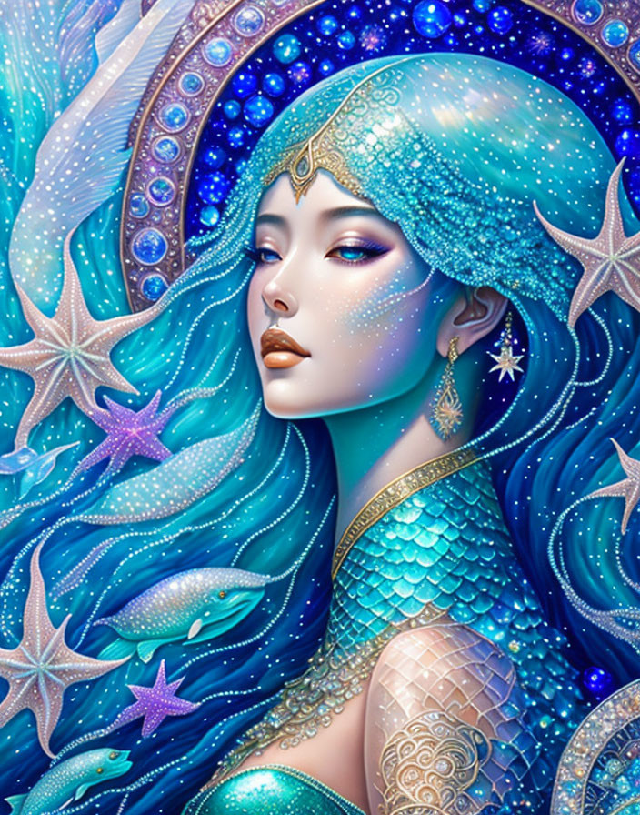 Colorful Mermaid Illustration with Blue Scales and Starfish in Hair