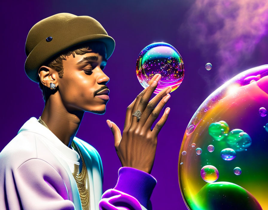 Person in hat admiring iridescent bubble on purple background with colorful bubbles and smoke swirls