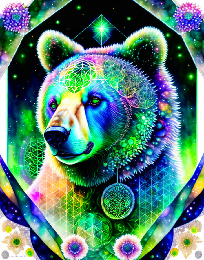 Colorful Psychedelic Bear Illustration with Geometric Patterns and Cosmic Elements