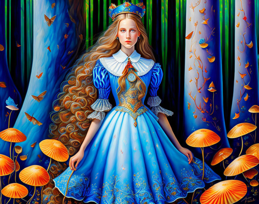 Fantastical painting of woman in blue dress in underwater scene