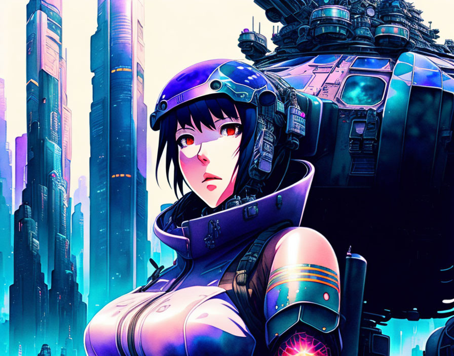 Futuristic anime-style female character with black hair and purple visor in urban sci-fi setting