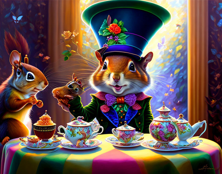 Whimsical artwork of dapper squirrel pouring tea for mouse