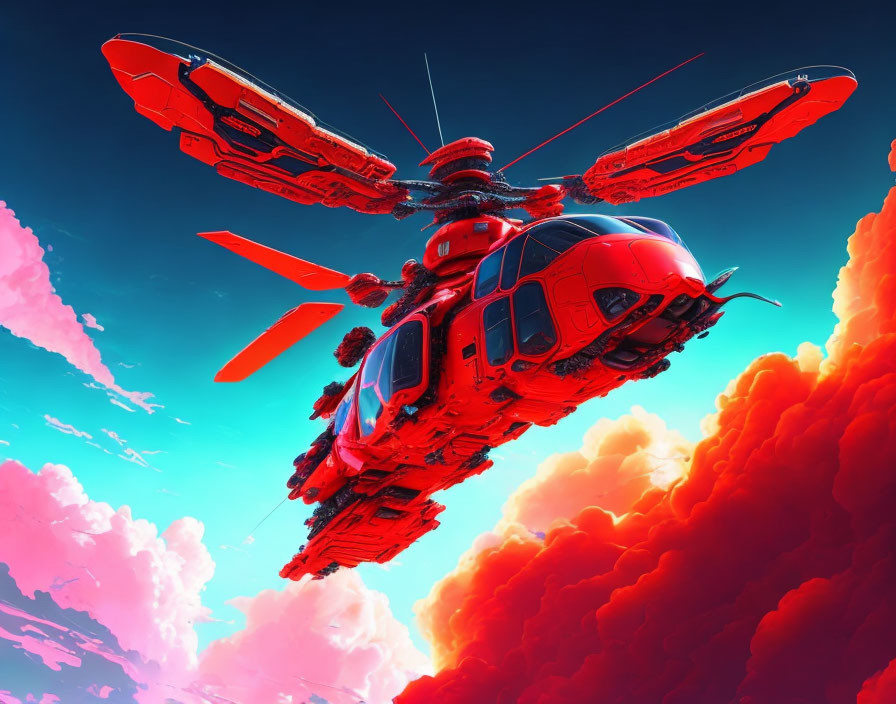 Futuristic red helicopter with multiple rotors in vibrant sky