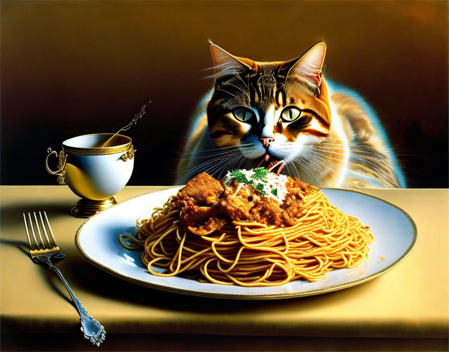 Cat at table with plate of spaghetti and meatballs, fork, and cup