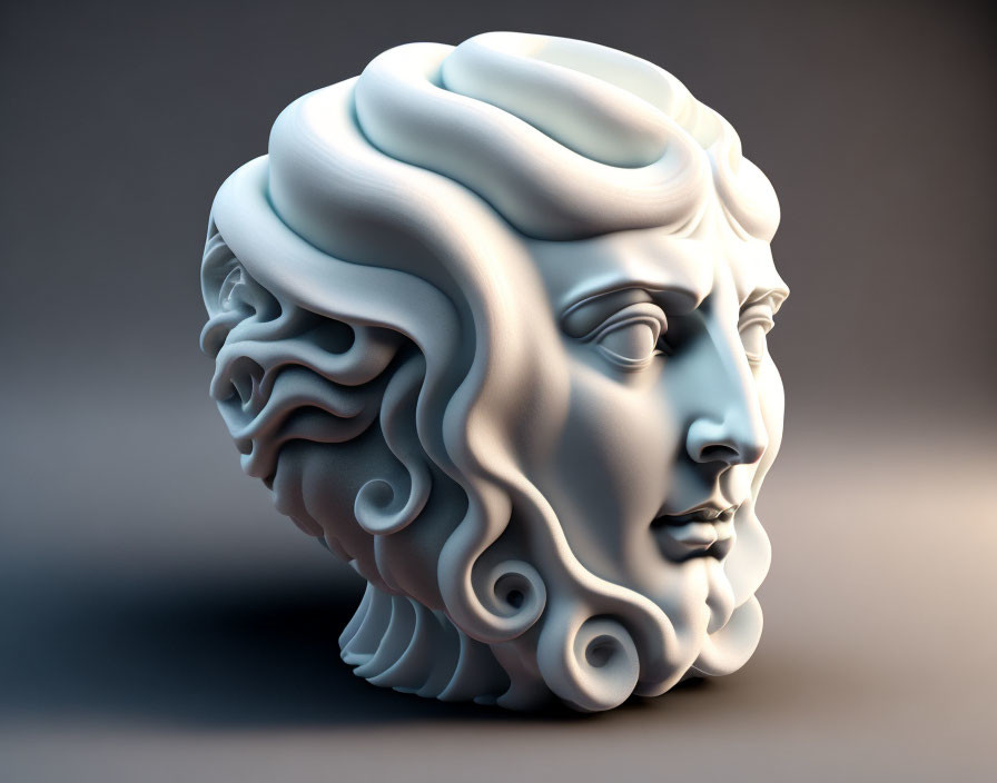 Stylized 3D white bust with dual faces and intricate details