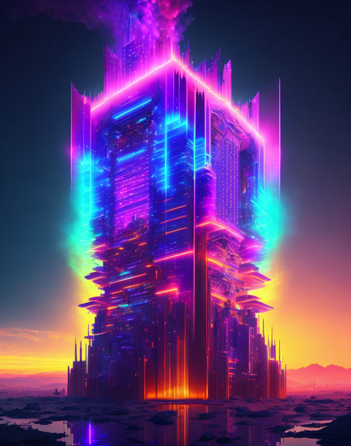 Futuristic neon-lit skyscraper in twilight landscape with pink and blue lights