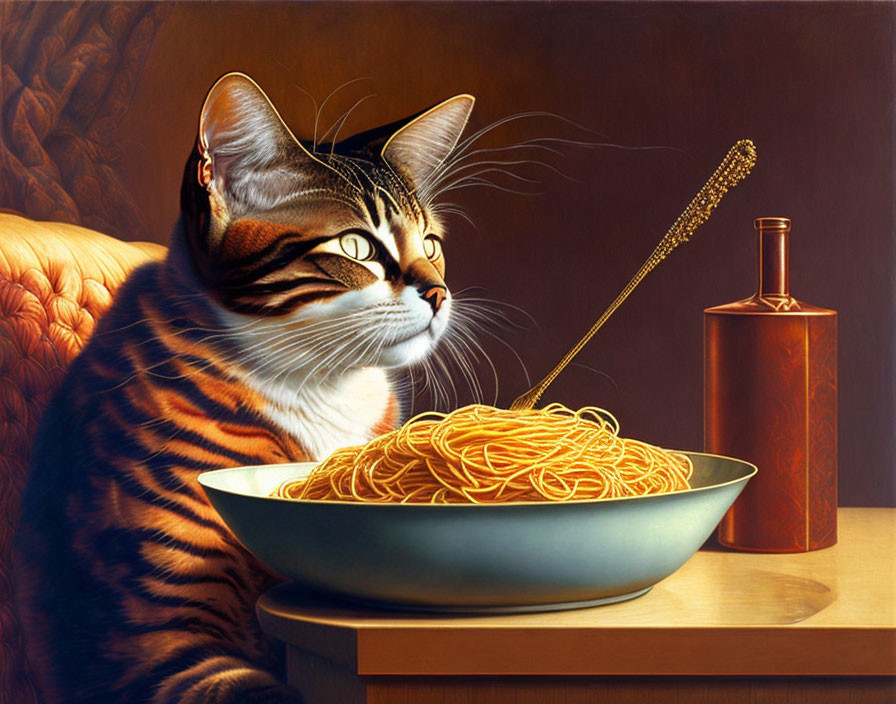 Tabby cat painting with spaghetti and bottle on table