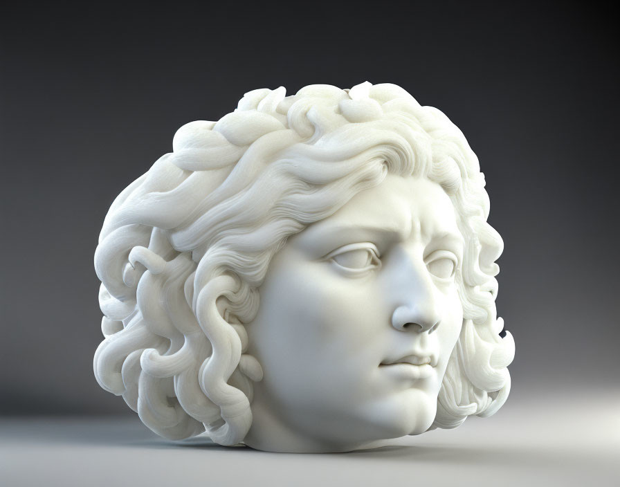 Detailed 3D White Sculpture of Classical Head with Curly Hair