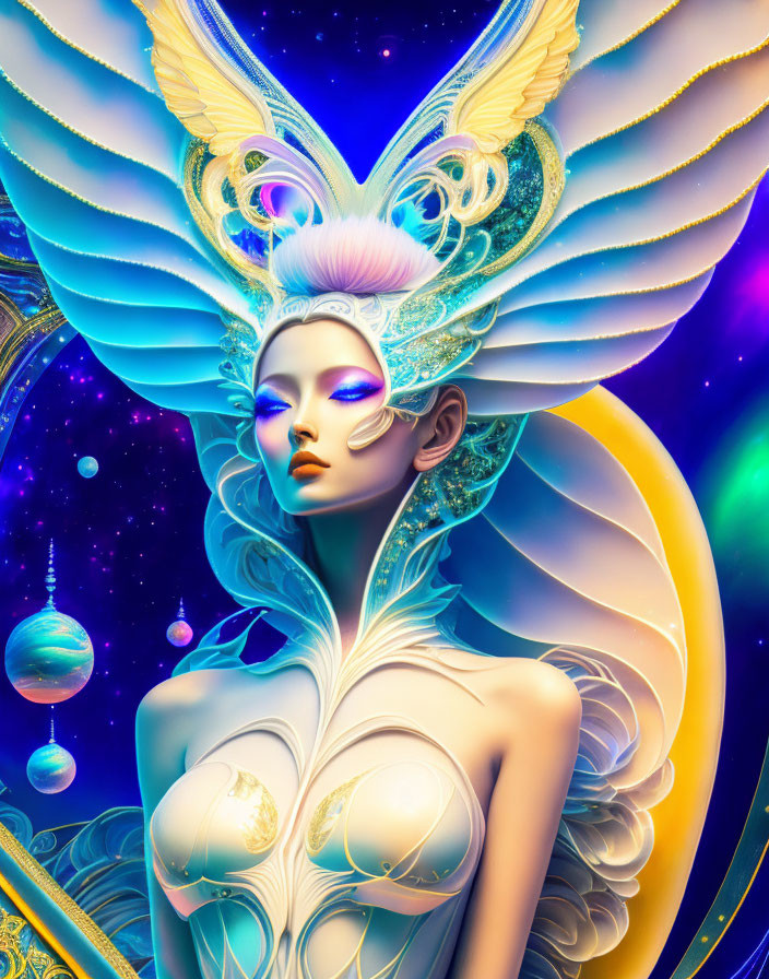 Colorful celestial being with intricate wings and cosmic background