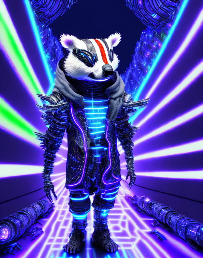 Anthropomorphic raccoon in futuristic armor in neon-lit corridor