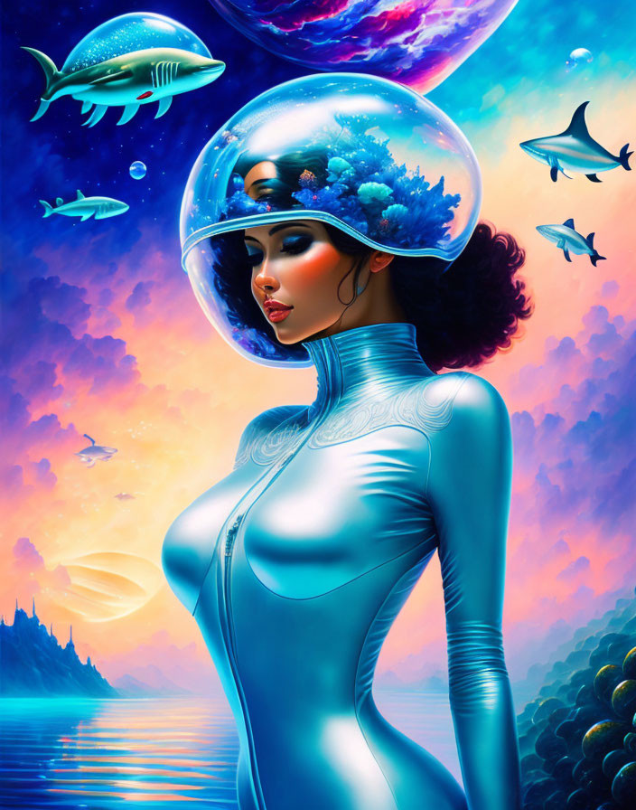 Futuristic woman with aquatic helmet and fish-filled scene