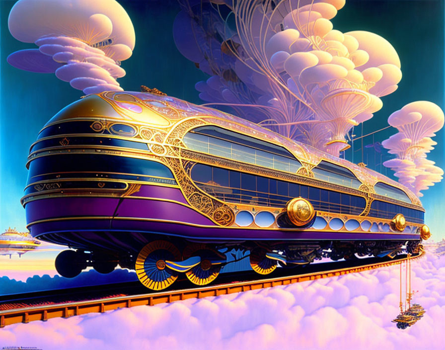 Futuristic train with golden details floating above clouds