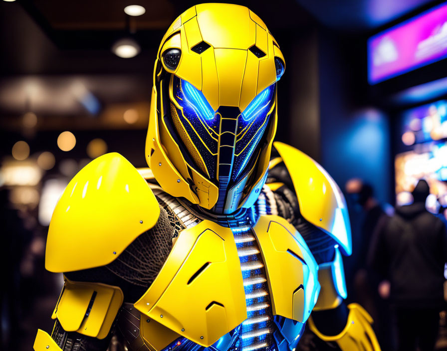 Detailed Yellow and Black Armored Suit with Futuristic Helmet Indoors