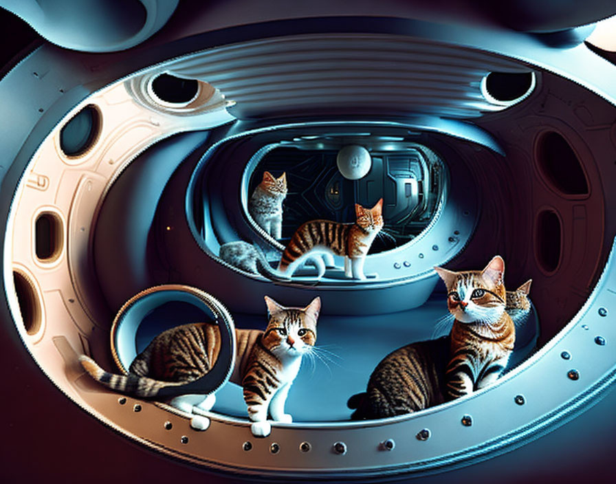 Multiple Cats Exploring Futuristic Metallic Chamber