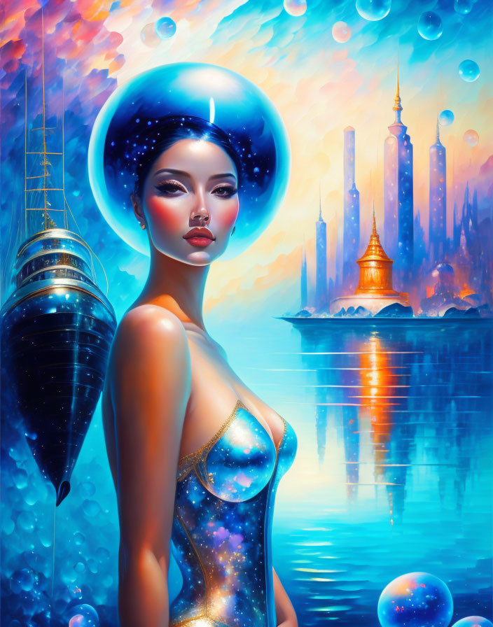 Futuristic female figure in cosmic spacesuit against cityscape