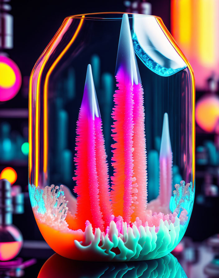 Colorful coral-like structure in glass vase with neon pink and orange hues on cool bokeh background